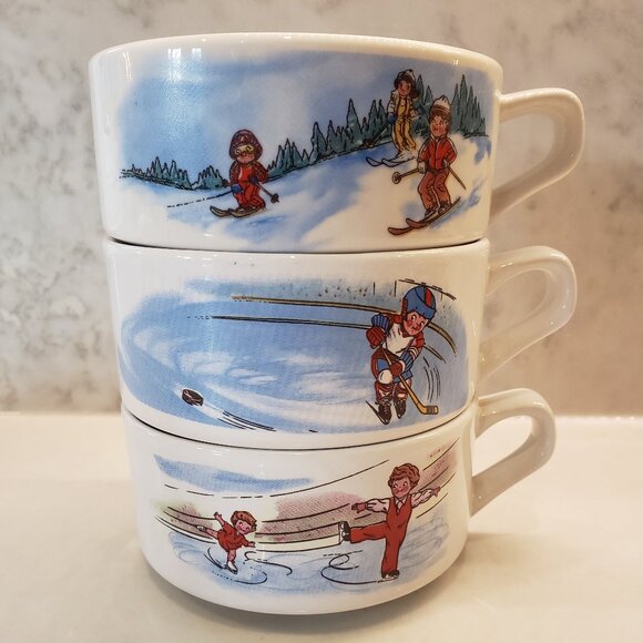 Vintage Campbell’s Kids Soup Mugs, Skiing, Skating, Hockey - Picture 1 of 7